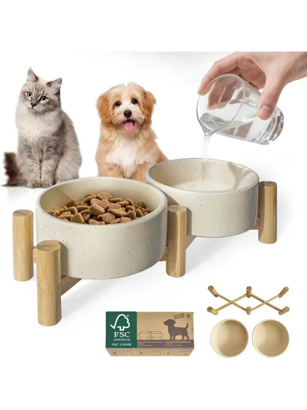 Elevated Ceramic Dog & Cat Bowls with Bamboo Stand - 27oz Pet Feeding Station